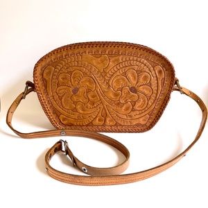 Vintage hand tooled brown leather shoulder bag purse AS IS